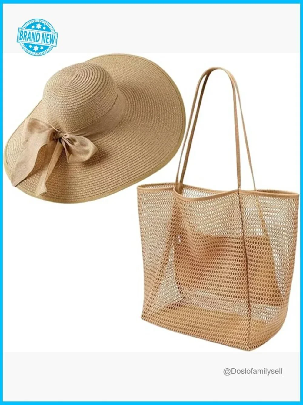 Straw Beach Bag and Hat Set Large Tote Wide Brim Sun Hat Foldable Drawstring